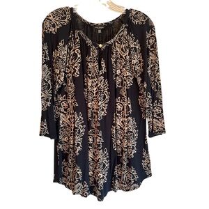Lucky Brand Black & Tan‎ Boho 3/4 Sleeve Round Keyhole Neckline Women's 1X